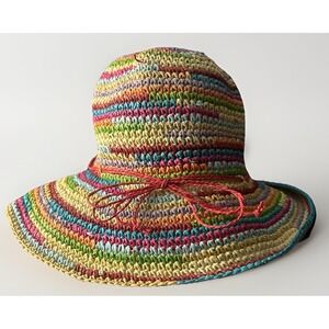 Jacobson Multicolor Woven Bow Straw Sun Hat Rainbow Brim Vintage Beach Boho